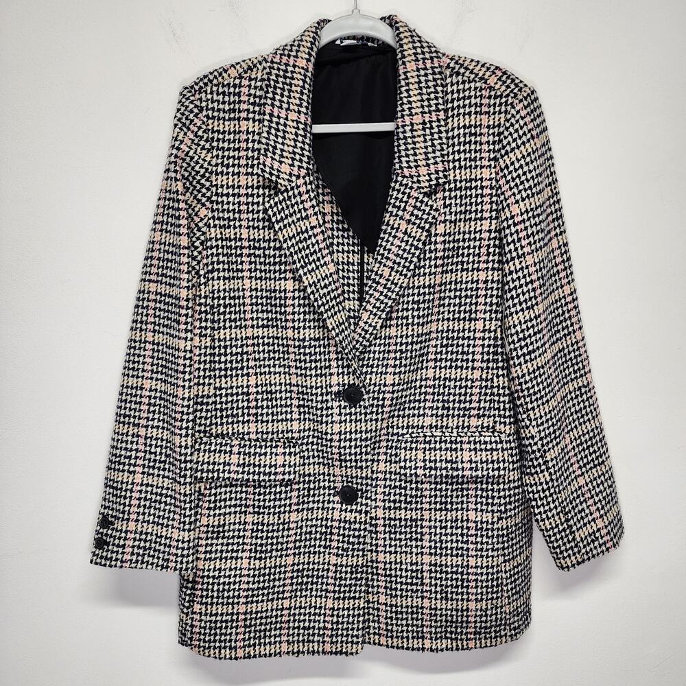 Old Navy Womens Oversized Houndstooth Plaid Blazer Jacket Size L Soft Brushed